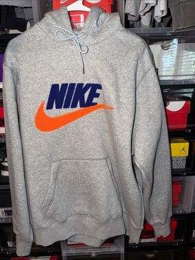 Nike Gray Pullover Hoodie with Orange Swoosh and Navy NIKE Text
